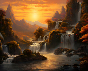 Fantasy landscape with waterfalls and mountains. Digital painting illustration.