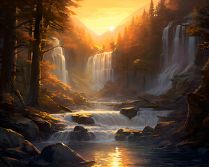 Waterfall in autumn forest at sunset. Digital painting of a waterfall.