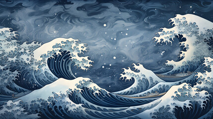 great wave, a illustration, in the style of decorative backgrounds, stormy seascapes, light indigo and light gray, whimsical cartoon-style
