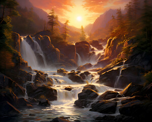 Waterfall in Yosemite National Park. California. USA. Digital painting