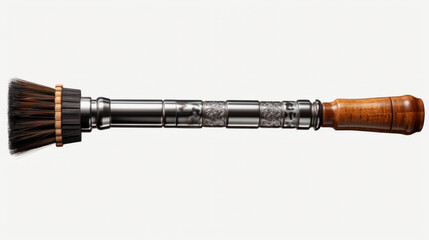 Luxurious designer cleaning brush with a rounded soft brush, textured unusual handle, on a light background. Stylish tools for cleaning and cleanliness