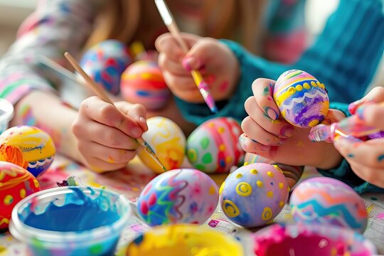 A family is painting colorful Easter eggs.