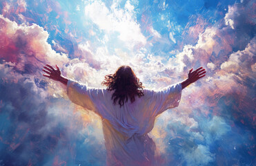imagen pintada de Jesucristo de espaldas con los brazos extendidos, vestido con túnica blanca, sobre fondo de cielo azul nuboso y rosa. Concepto religiones, celebraciones, Semana Santa, pascua