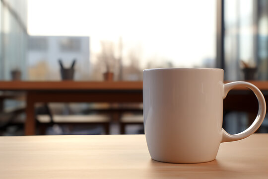 white cup of coffee on the table in the office, stock photo
