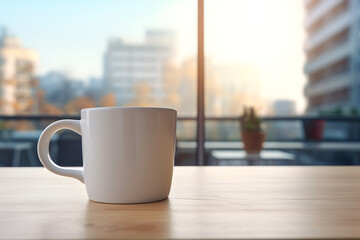 white cup of coffee on the table in the office, stock photo