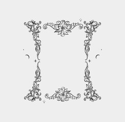 Hand drawn vector abstract outline,graphic,line vintage baroque ornament floral frame in calligraphic elegant modern style.Baroque floral vintage outline design concept.Vector antique frame isolated. - 736056557