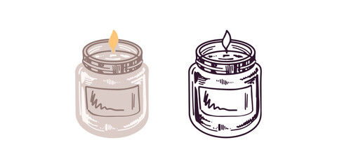 Hand-drawn colored wax candle in a glass jar-candlestick. Beauty cosmetic element, self care. Flat colored and outline doodle style.