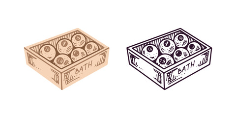 Hand-drawn box with round bathroom bombs, beauty cosmetic element, self care. Illustration for beauty salon, cosmetic store, makeup design. Colored flat and outline doodle style.