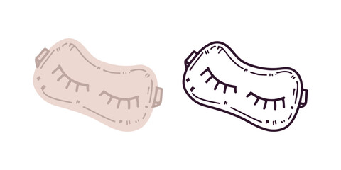 Hand-drawn eye mask for sleeping, beauty cosmetic element, self care, wellness. Colored flat and outline doodle style.