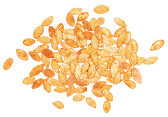 Pile roasted pumpkin seeds with salt isolated on white