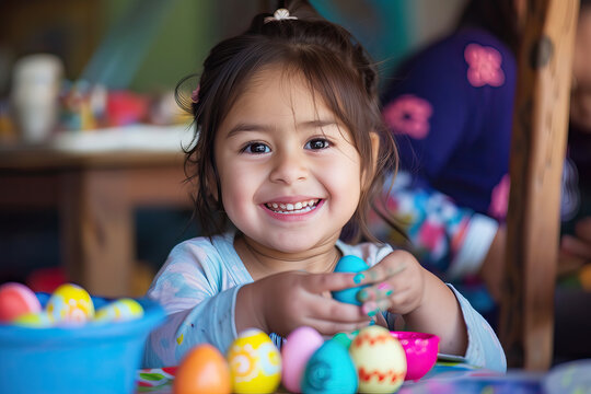 Happy young girl painting Easter eggs.