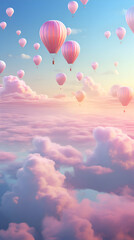 Fototapeta premium Hot air balloons flying above clouds at sunset. 3d render illustration
