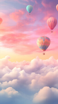 Hot air balloons flying above the clouds at sunset. 3D Rendering