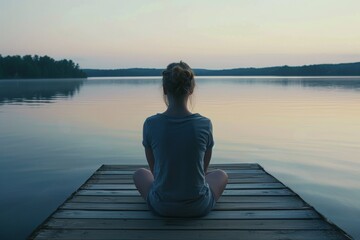Woman Meditating while Sitting at Lakeside Dock during Summer
