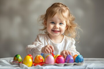 Fototapeta na wymiar Happy young girl painting Easter eggs.