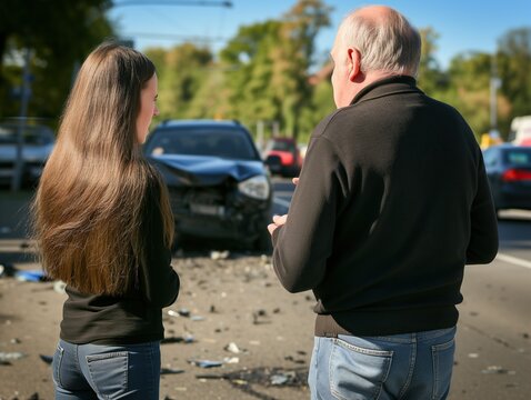 Two accident shattered Cars Collided on the road while two people in dispute beside the cars. Uninsured, traffic accident, and the concept of insecurity