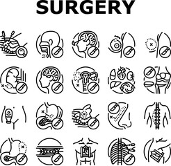 Fototapeta na wymiar surgery hospital health icons set vector. surgical room, technology plastic, medical patient, emergency medicine, face nose surgery hospital health black contour illustrations