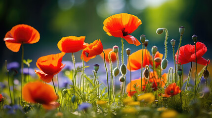 Meadow of flowers. Poppies and flowers against the backdrop of a green lawn.