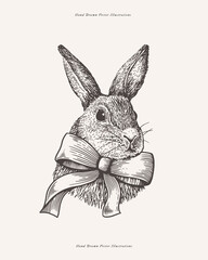 Cute bunny with a satin bow in engraving style. Portrait of a charming rabbit on a light background. Wild forest animal or furry pet with long ears, vector illustration.