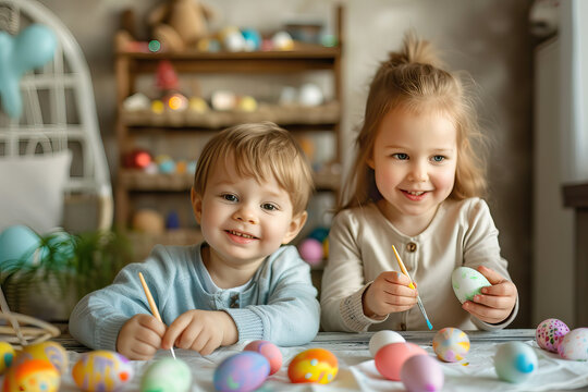 Two happy siblings painting Easter eggs together.