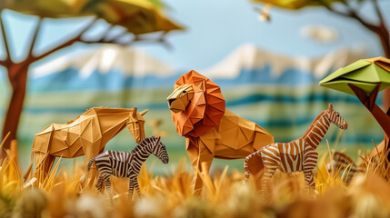 Fototapeta na wymiar paysage de savane en origami avec animaux sauvages : Lion, zèbre, antilope