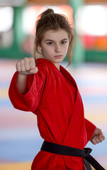 A child girl wearing a red kimono with a black belt in a fighting stance - 736058782