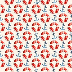 Vector seamless pattern design with lifebuoy and anchor. Vintage style pattern for travelling, sailing, tourism designs 