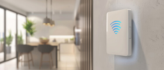 A sleek smart home device connects wirelessly in a sunlit modern room, symbolizing comfort and innovation.