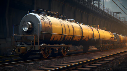 Naklejka premium Last tank with oil petroleum of the cargo train. Railway fuel supply. Neural network AI generated art