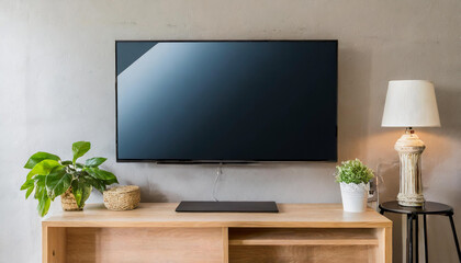 smart tv mockup hanging on the concrete wall in modern luxury interior - obrazy, fototapety, plakaty