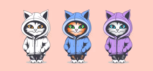 Fotobehang Vector set of stickers. Funny cute cartoon kittens stand in a hoodie with small paws and big colored eyes. Dressed up pets. Isolated background. © GAlexS