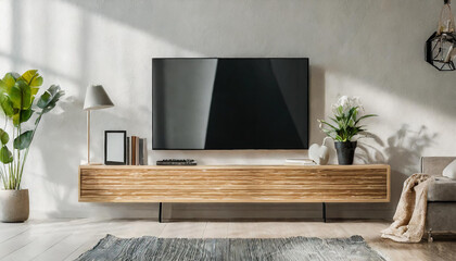 smart tv mockup hanging on the concrete wall in modern luxury interior