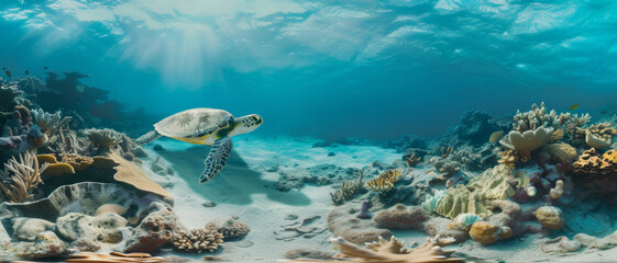 A serene sea turtle glides over a vibrant coral reef, bathed in the dappled sunlight of the shallow ocean.