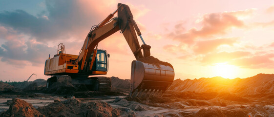 An excavator at sunset operates amidst a rugged landscape, moving earth against a backdrop of golden light and sculpted terrain.