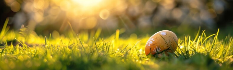 Fototapeta premium Easter egg in the green grass, spring sunshine and nature