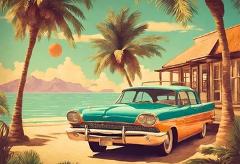 Fotobehang A retro-style poster featuring a vintage travel advertisement for an exotic destination © Creative Mind 