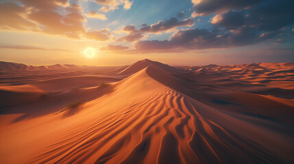 Fototapeta na wymiar Golden Hour Over Sand Dunes in a Tranquil Desert Landscape