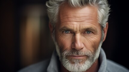 Close-up portrait of a handsome gray-haired bearded senior man 60-70 years old on a black background.