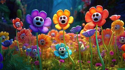 Fototapeta na wymiar 3D generated image of colorful dancing and singing flowers, kids animation movie