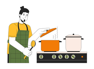 Caucasian guy covering pot with lid 2D linear cartoon character. Meal preparing. European man isolated line vector person white background. Stove cooking utensil color flat spot illustration
