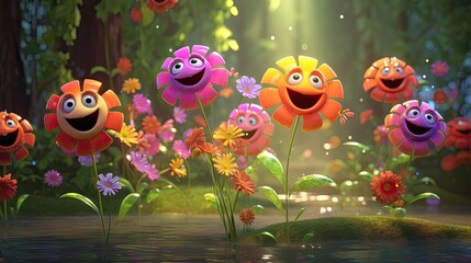 Fototapeta na wymiar 3D generated image of colorful dancing and singing flowers, kids animation movie