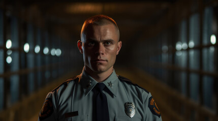 Fototapeta premium Prison guard portrait in uniform, blurred prison background