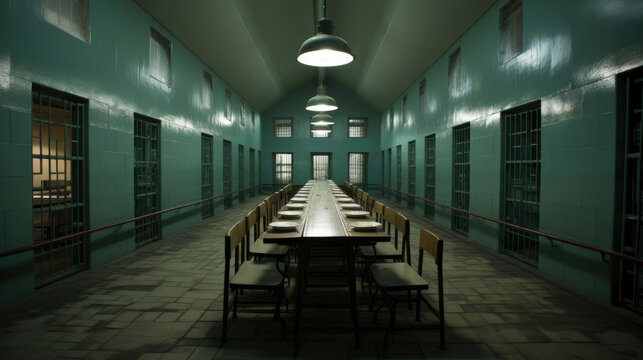 A dining room inside the prison with long tables and chairs for prisoners
