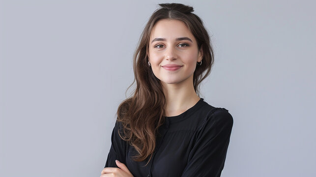 Retrato de uma jovem bonita e sorridente com os bra&ccedil;os cruzados isolado de fundo branco