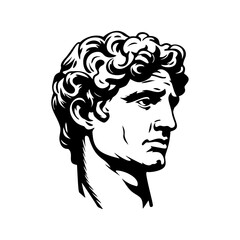 White gypsum copy of ancient statue of Apollo God of Sun head isolated on a white background. Plaster sculpture of man face. Renaissance portrait
