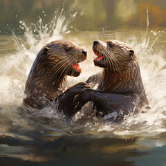 Fototapeta premium otter in the water playing