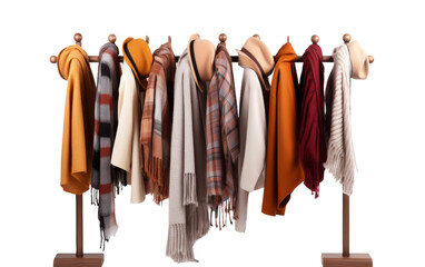 Wooden Coat Rack with Hats and Scarves on white background