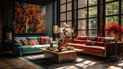 Fototapeta na wymiar Elegant loft-style apartment interior with expansive windows, abstract wall art, modern furnishings.