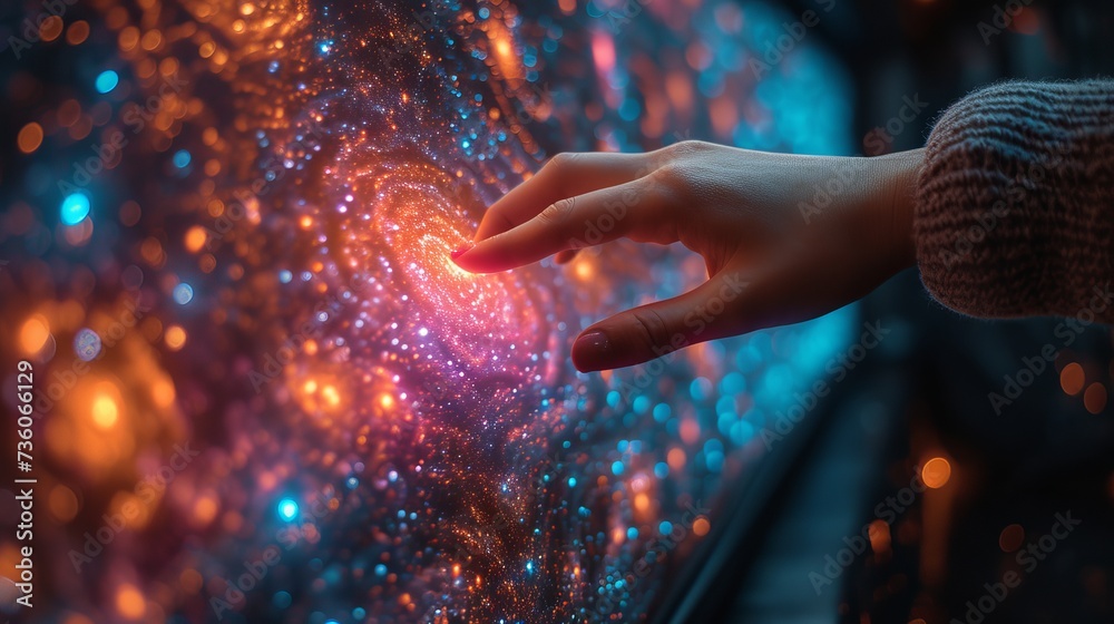 Poster conceptual picture of a woman touching the metaverse universe, symbolizing a transition to a digital