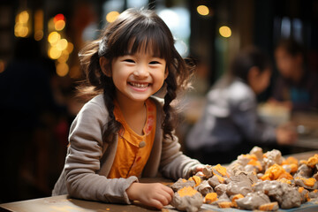 Asian little girl playing with clay